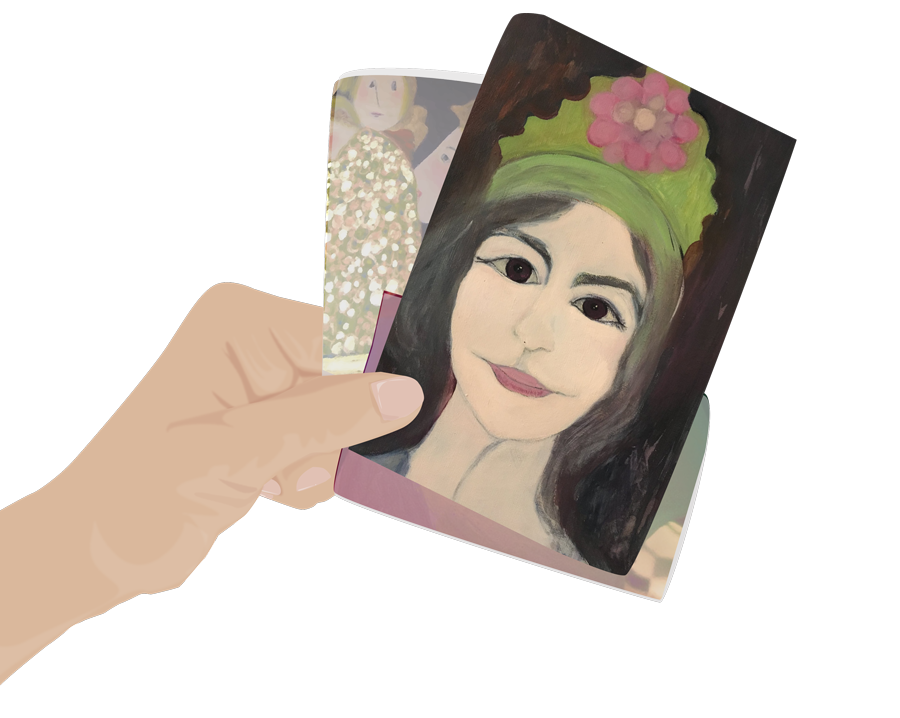 illustration de main tenant des cartes représentant un autoportrait de Maryse Vaugarny